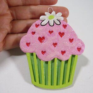 Cupcake with Flower Laser Cut Wooden Ornament Hangs